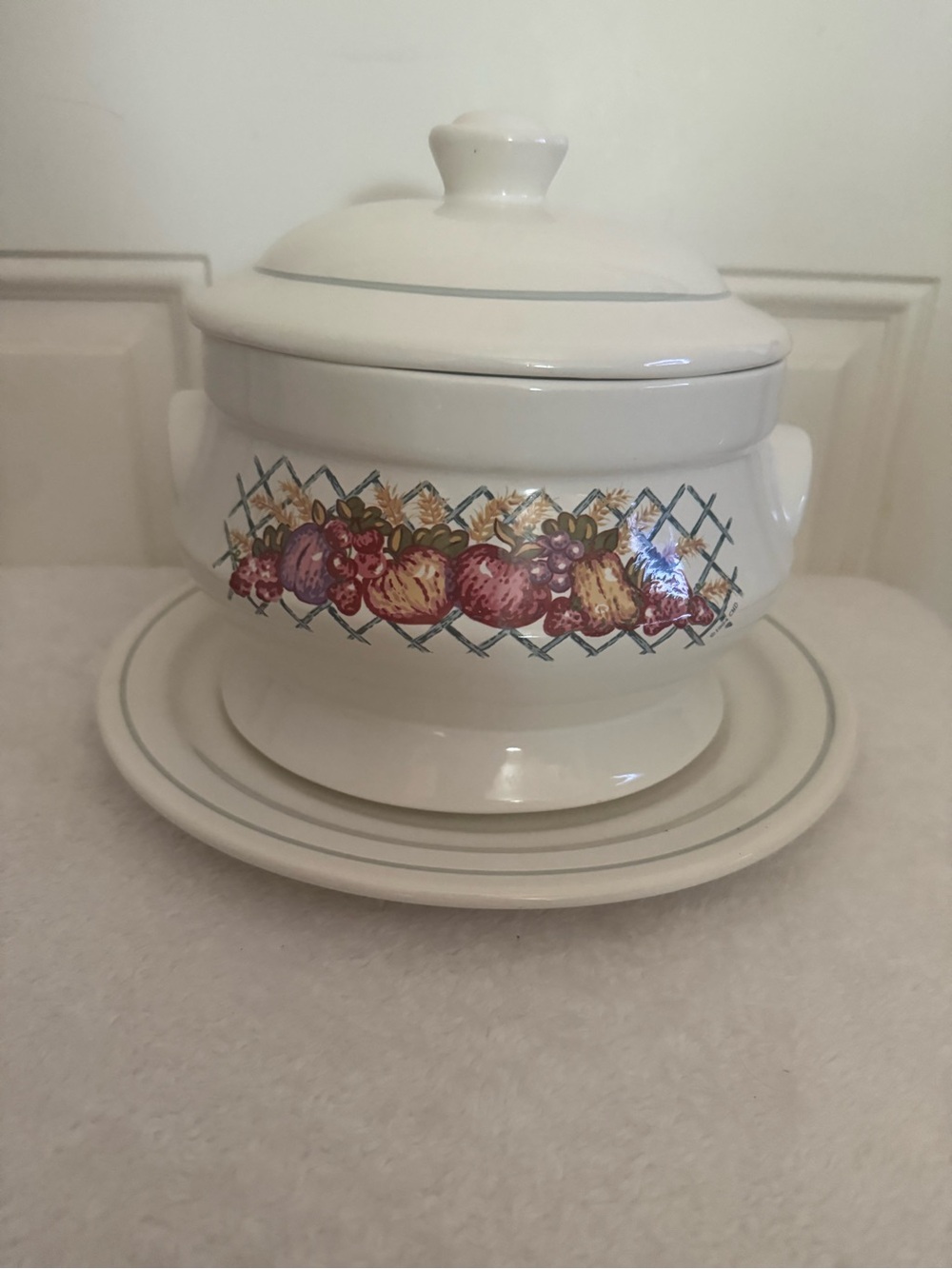 White Ceramic Covered Soup Tureen with Fruit Band